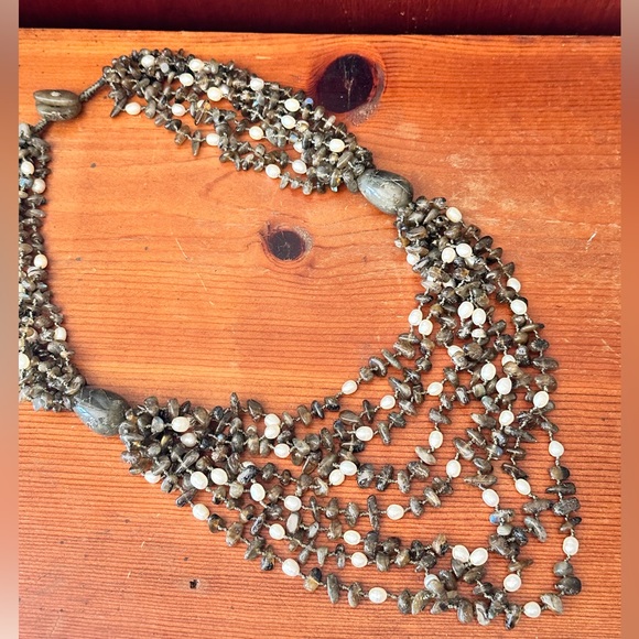 Jaden Labradorite Green Moss & Real Pearl Huge Multi-strand Necklace Heavy Duty - Picture 12 of 16